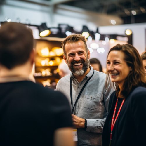 Close up picture of a happy and laughing staff or participant people group listening to a startup business owner at a trade show exhibition event. Generative AI.