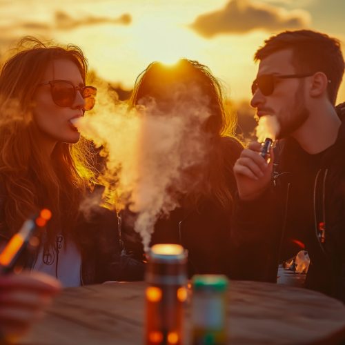 During a vibrant sunset, a group of diverse friends smoke e-cigarettes together, warm golden light illuminating the cozy outdoor setting.